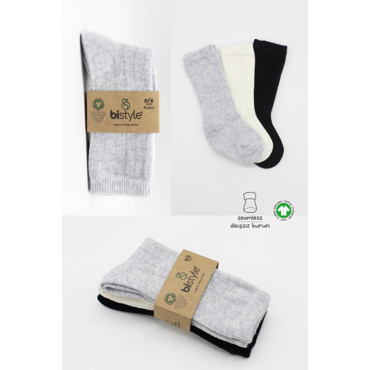 Bistyle 3-Pairs Knee Socks (6-12 m) (Black, Grey, Beige)