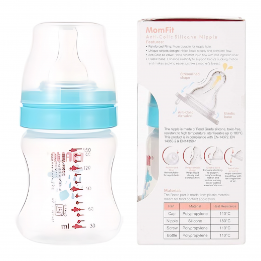 Farlin, Wide Neck Feeding Bottle, Blue, 150Ml 