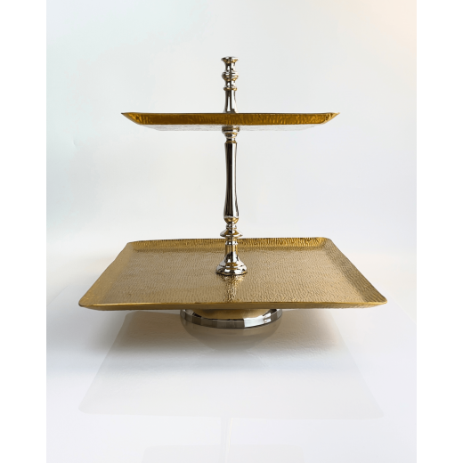 Vague Aluminium Square 2 Tier Stand with Stainless Steel Gold Finish 40 Cm