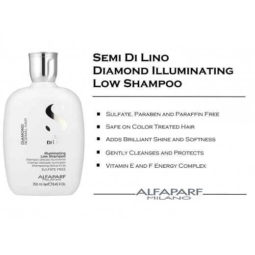 Alfaparf Milano Semi Di Lino Diamond Shine Illuminating Low Shampoo 250ml- Sulfate Free - For Normal Hair - Paraben and Paraffin Free - Safe on Color Treated Hair