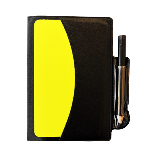 Pocket size foldable football referee purse with yellow & red cards, a pencil and match notes sheets