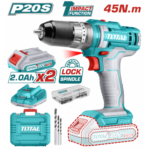 Total Lithium-Ion cordless drill 20V 2A Mechanical 2-speed gear 45NM Spindle lock function Metal chuck - TIDLI201452